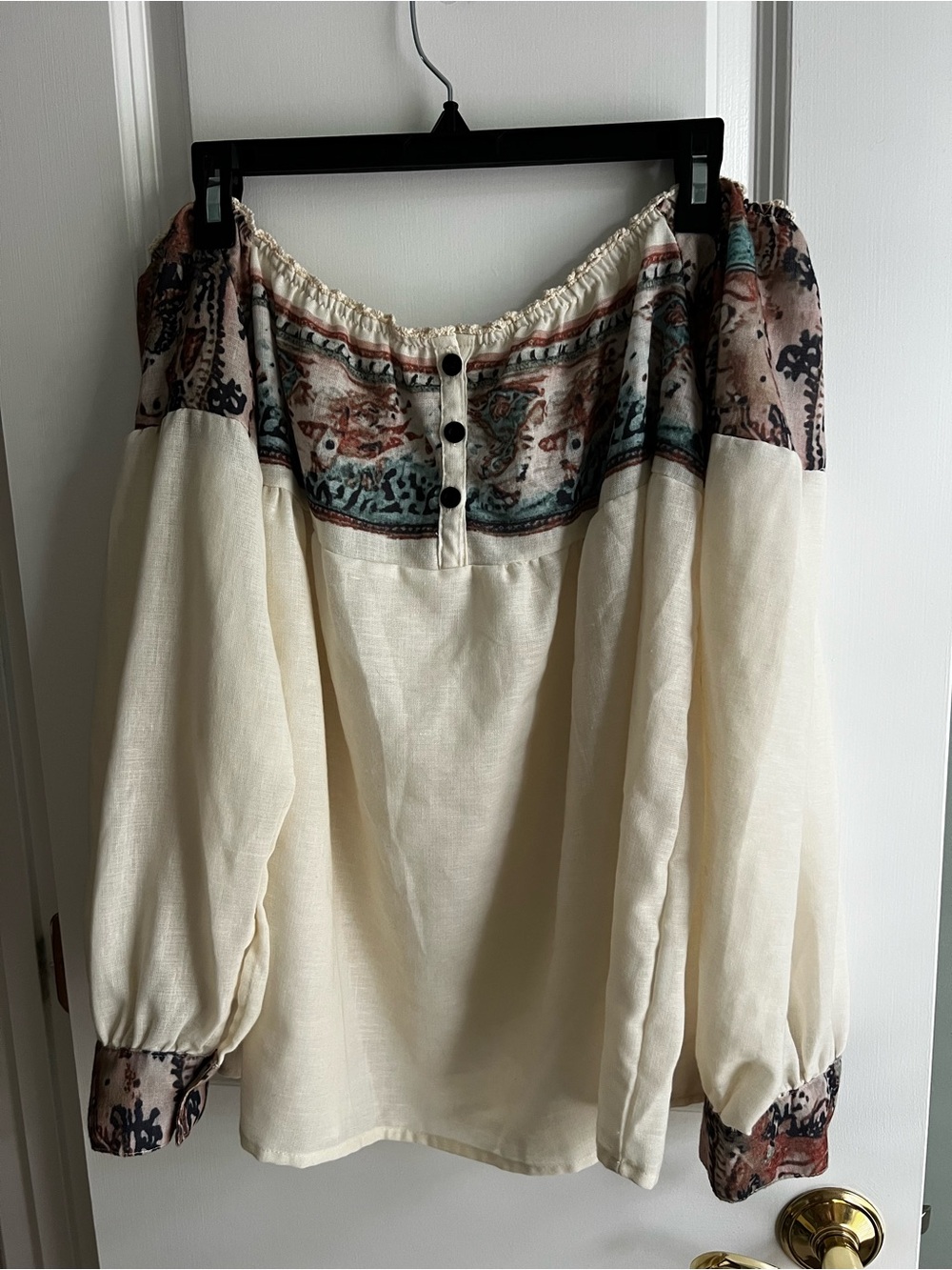 Boho Off-Shoulder Peasant Top in Cream with Printed Trim